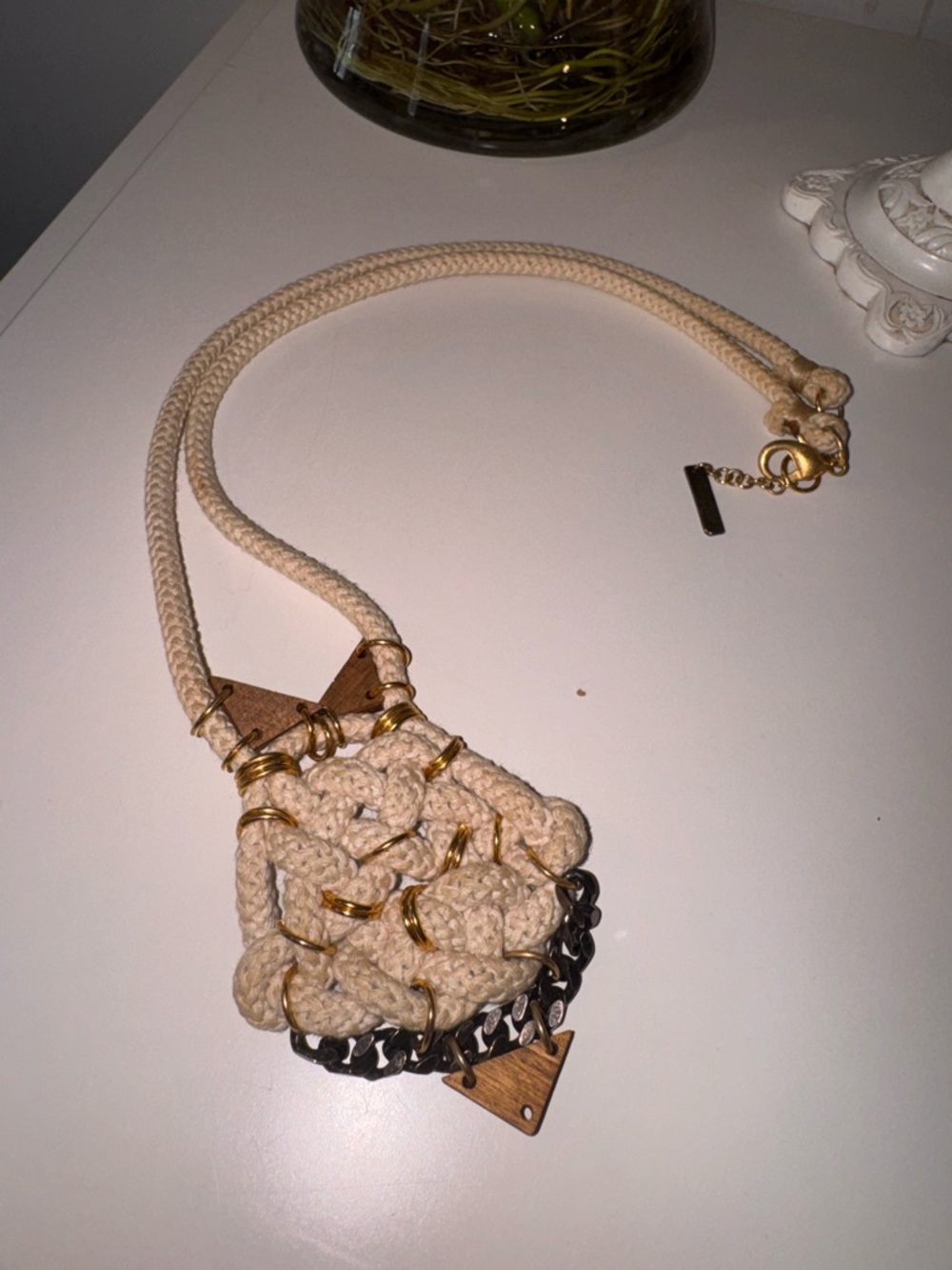 Handmade Cream Macramé Pendant Necklace with Gold Accents Made in Italy